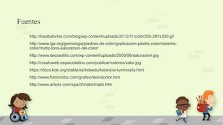 Fuentes 
http://losabalorios.com/blog/wp-content/uploads/2012/11/color35b-287x300.gif 
http://www.ige.org/gemologia/piedras-de-color/graduacion-piedra-color/sistema-color/ 
matiz-tono-saturacion-del-color/ 
http://www.decoestilo.com/wp-content/uploads/2009/06/saturacion.jpg 
http://creatuweb.espaciolatino.com/publicar/colores/valor.jpg 
https://docs.kde.org/stable/es/kdeedu/kstars/ai-luminosity.html 
http://www.fotonostra.com/grafico/teoriacolor.htm 
http://www.arts4x.com/spa/d/matiz/matiz.htm 
