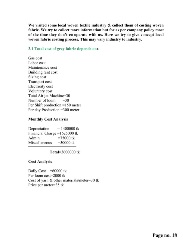 Costing of woven fabrics