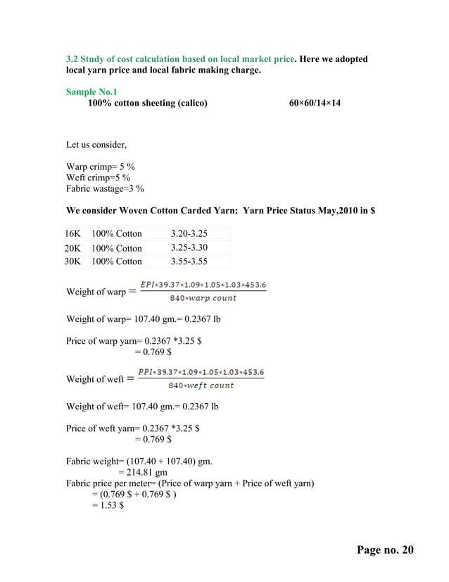 Costing of woven fabrics
