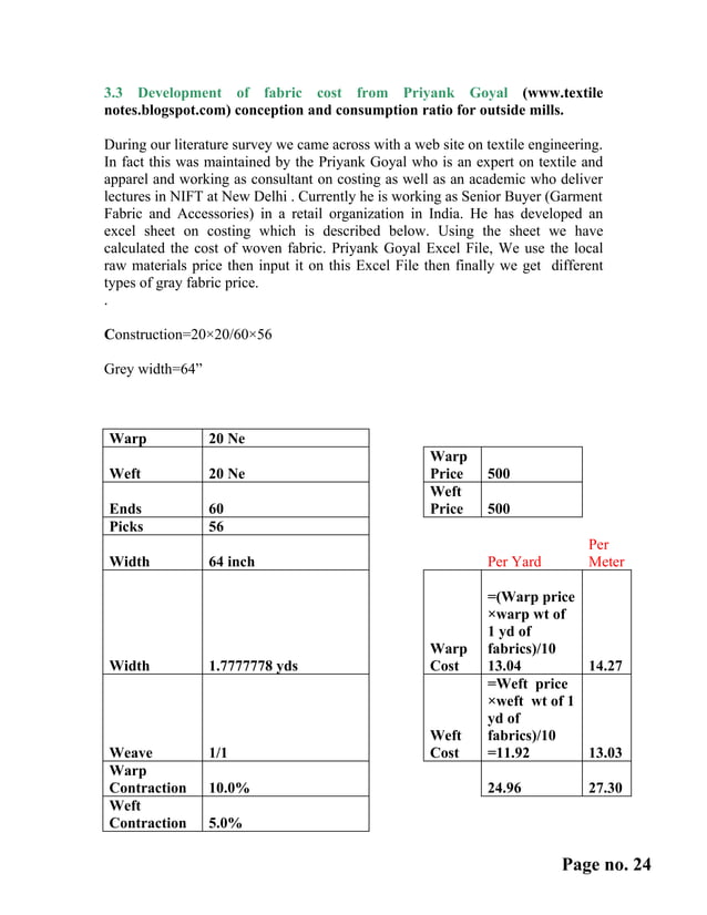 Costing of woven fabrics