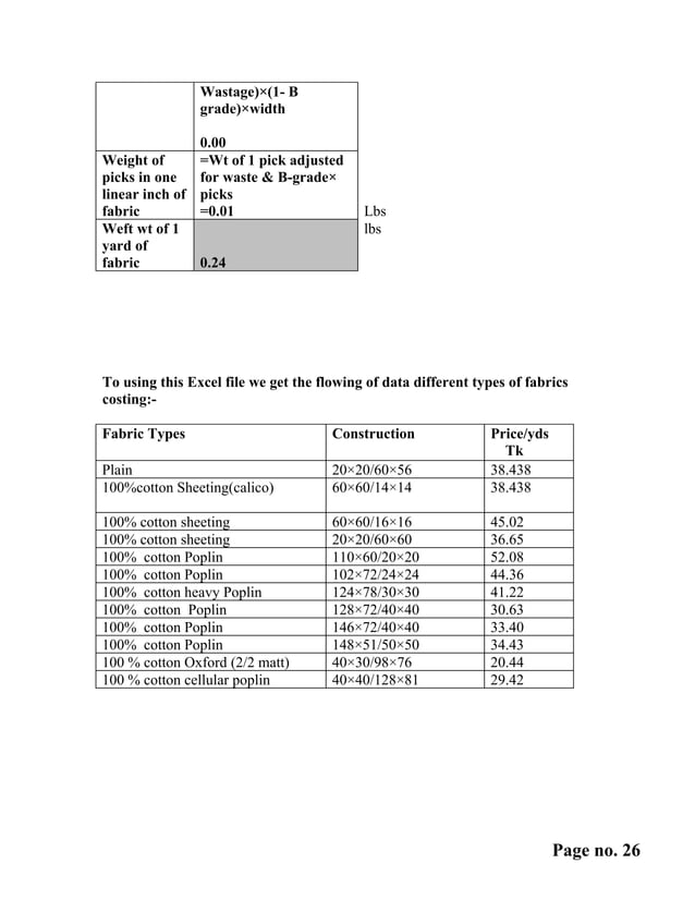 Costing of woven fabrics