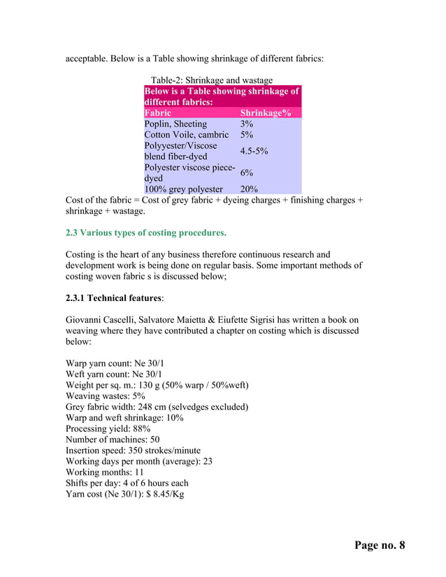 Costing of woven fabrics