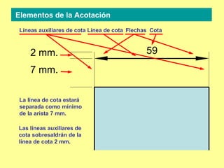 Elementos de la Acotación
 Líneas auxiliares de cota Línea de cota Flechas Cota



     2 mm.                                     59
     7 mm.

 La línea de cota estará
 separada como mínimo
 de la arista 7 mm.

Las líneas auxiliares de
cota sobresaldrán de la
línea de cota 2 mm.
 