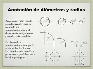 Acotación de diámetros y radios
Acotamos el radio cuando el
arco de circunferencia es
menor de una
semicircunferencia, y el
diámetro si es mayor o una
circunferencia completa.
En el caso de la
semicircunferencia se puede
acotar de las dos formas.
La circunferencia también se
puede acotar paralelamente a
los ejes principales.
 