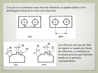 Los ejes no se utilizaran como línea de referencia, se podrán utilizar si los
prolongamos fuera de la vista como línea fina.
Las cifras de cota que por falta
de espacio se saquen por líneas
de referencia, se rotularán en
la misma posición que hubieran
tenido en su posición
correspondiente
 