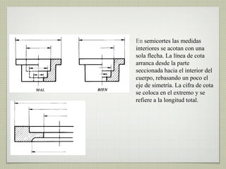 En semicortes las medidas
interiores se acotan con una
sola flecha. La línea de cota
arranca desde la parte
seccionada hacia el interior del
cuerpo, rebasando un poco el
eje de simetría. La cifra de cota
se coloca en el extremo y se
refiere a la longitud total.
 