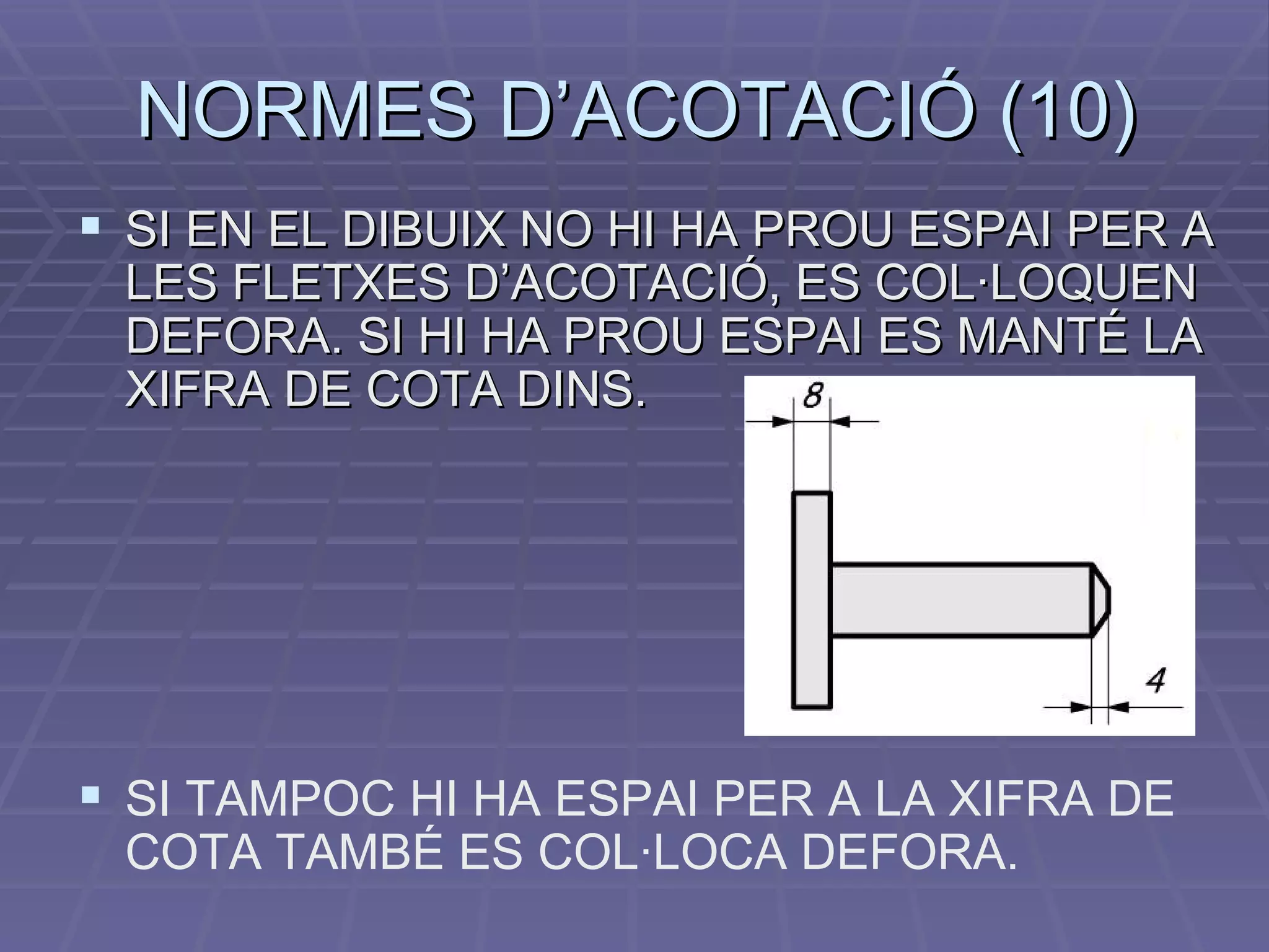 NORMES D’ACOTACIÓ (10) SI EN EL DIBUIX NO HI HA PROU ESPAI PER A LES FLETXES D’ACOTACIÓ, ES COL·LOQUEN DEFORA. SI HI HA PROU ESPAI ES MANTÉ LA XIFRA DE COTA DINS. SI TAMPOC HI HA ESPAI PER A LA XIFRA DE COTA TAMBÉ ES COL·LOCA DEFORA. 