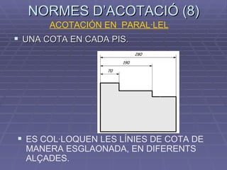 NORMES D’ACOTACIÓ (8) UNA COTA EN CADA PIS. ES COL·LOQUEN LES LÍNIES DE COTA DE MANERA ESGLAONADA, EN DIFERENTS ALÇADES. ACOTACIÓN EN  PARAL·LEL 