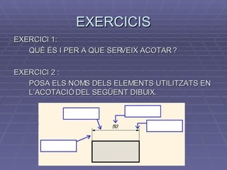 EXERCICIS EXERCICI 1:  QUÈ ÉS I PER A QUE SERVEIX ACOTAR ? EXERCICI 2 :  POSA ELS NOMS DELS ELEMENTS UTILITZATS EN L’ACOTACIÓ DEL SEGÜENT DIBUIX. 