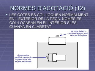 NORMES D’ACOTACIÓ (12) LES COTES ES COL·LOQUEN NORMALMENT EN L’EXTERIOR DE LA PEÇA. NOMÉS ES COL·LOCARAN EN EL INTERIOR SI ES GUANYA EN CLARETAT. 