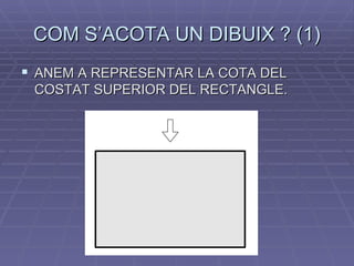 COM S’ACOTA UN DIBUIX ? (1) ANEM A REPRESENTAR LA COTA DEL COSTAT SUPERIOR DEL RECTANGLE. 