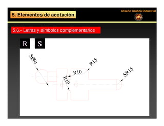 Diseño Gráfico Industrial
5. Elementos de acotación


5.6.- Letras y símbolos complementarios


    R      S
        SØ




                                       15
          40




                                     R
                            R10                   R 15
                                              S
                       R1
                        0
 