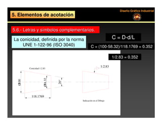 Diseño Gráfico Industrial
5. Elementos de acotación


5.6.- Letras y símbolos complementarios.

La conicidad, definida por la norma                             C = D-d/L
    UNE 1-122-96 (ISO 3040)                  C = (100-58.32)/118.1769 = 0.352

                                                                1/2.83 = 0.352

         Conicidad 1:2.83
                                                       1:2.83
         Conicidad 1:2.83
                      Ø58.32
  Ø100




                               20°




           118.1769
                                     Indicación en el Dibujo
 