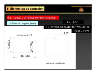 Diseño Gráfico Industrial
5. Elementos de acotación


5.6.- Letras y símbolos complementarios.

   Inclinación o pendiente                                  I = H-h/L
                                  I = (79.1622-58.3244)/118.1769 = 0.176
                                                                  1/5.67 = 0.176
                                                    1:5.67
          Inclinación 1:5.67
79.1622




                        58.3244




            118.1769

                                  Indicación en el Dibujo
 