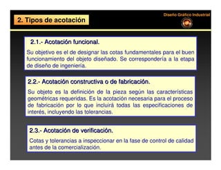 Diseño Gráfico Industrial
2. Tipos de acotación


   2.1.- Acotación funcional.
  Su objetivo es el de designar las cotas fundamentales para el buen
  funcionamiento del objeto diseñado. Se correspondería a la etapa
  de diseño de ingeniería.

   2.2.- Acotación constructiva o de fabricación.
   Su objeto es la definición de la pieza según las características
   geométricas requeridas. Es la acotación necesaria para el proceso
   de fabricación por lo que incluirá todas las especificaciones de
   interés, incluyendo las tolerancias.


   2.3.- Acotación de verificación.
   Cotas y tolerancias a inspeccionar en la fase de control de calidad
   antes de la comercialización.
 