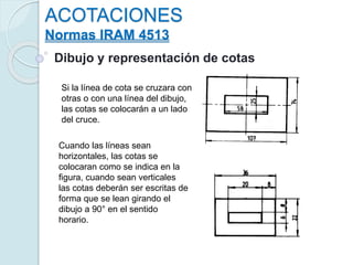 ACOTACIONES
Normas IRAM 4513
Dibujo y representación de cotas
Si la línea de cota se cruzara con
otras o con una línea del dibujo,
las cotas se colocarán a un lado
del cruce.
Cuando las líneas sean
horizontales, las cotas se
colocaran como se indica en la
figura, cuando sean verticales
las cotas deberán ser escritas de
forma que se lean girando el
dibujo a 90° en el sentido
horario.
 