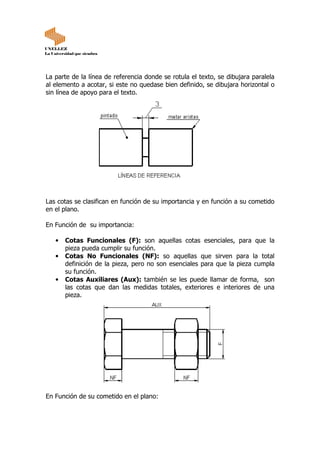 UNELLEZ
La Universidad que siembra
La parte de la línea de referencia donde se rotula el texto, se dibujara paralela
al elemento a acotar, si este no quedase bien definido, se dibujara horizontal o
sin línea de apoyo para el texto.
Las cotas se clasifican en función de su importancia y en función a su cometido
en el plano.
En Función de su importancia:
• Cotas Funcionales (F): son aquellas cotas esenciales, para que la
pieza pueda cumplir su función.
• Cotas No Funcionales (NF): so aquellas que sirven para la total
definición de la pieza, pero no son esenciales para que la pieza cumpla
su función.
• Cotas Auxiliares (Aux): también se les puede llamar de forma, son
las cotas que dan las medidas totales, exteriores e interiores de una
pieza.
En Función de su cometido en el plano:
 