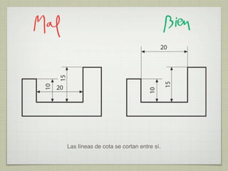 Las líneas de cota se cortan entre sí.