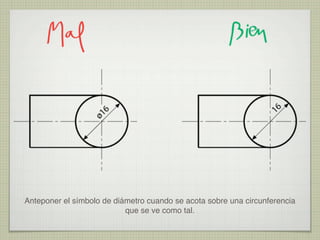 Anteponer el símbolo de diámetro cuando se acota sobre una circunferencia
que se ve como tal.