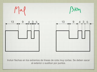 Incluir flechas en los extremos de líneas de cota muy cortas. Se deben sacar
al exterior o sustituir por puntos.