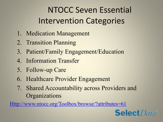 NTOCC Seven Essential
Intervention Categories
1. Medication Management
2. Transition Planning
3. Patient/Family Engagement/Education
4. Information Transfer
5. Follow-up Care
6. Healthcare Provider Engagement
7. Shared Accountability across Providers and
Organizations
Http://www.ntocc.org/Toolbox/browse/?attributes=61
 