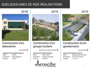 Concours de maitrise d’œuvre
MOA : Département de l’Oise
Architecte : Vincent Franquet
Surface : 1 144 m2
11
QUELQUES-UNES DE NOS RÉALISATIONS
2018 2019
Construction d’un
laboratoire
Construction d’une
gendarmerie
Senlis (60) Auneuil (60)
Assistance à la maitrise d’œuvre
MOA : CETIM
Architecte : GP Architectes
Surface : 150 m2
Concours de maitrise d’œuvre
MOA : SAO / ADTO
Architecte : Vincent Franquet
Surface : 2 300 m2
2019
Construction d’un
groupe scolaire
Nanteuil-le-Haudouin (60)
 