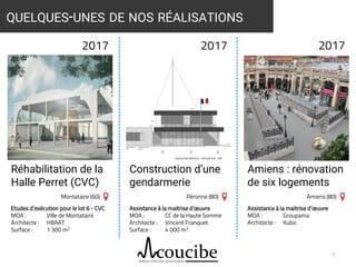Assistance à la maitrise d’œuvre
MOA : CC de la Haute Somme
Architecte : Vincent Franquet
Surface : 4 000 m2
9
QUELQUES-UNES DE NOS RÉALISATIONS
2017 2017
Réhabilitation de la
Halle Perret (CVC)
Construction d’une
gendarmerie
Montataire (60) Péronne (80)
Etudes d’exécution pour le lot 6 - CVC
MOA : Ville de Montataire
Architecte : HBAAT
Surface : 1 300 m2
2017
Amiens : rénovation
de six logements
Amiens (80)
Assistance à la maitrise d’œuvre
MOA : Groupama
Architecte : Kubic
 