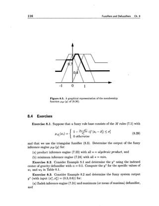 116 Fuzzifiers and Defuzzifiers Ch. 8
Figure 8.5. A graphical representation of the membership
function p ~ ,(21) of (8.36).
8.4 Exercises
Exercise 8.1. Suppose that a fuzzy rule base consists of the M rules (7.1) with
and that we use the triangular fuzzifier (8.3). Determine the output of the fuzzy
inference engine ~ B I(y) for:
(a) product inference engine (7.23) with all *= algebraic product, and
(b) minimum inference engine (7.24) with all *= min.
Exercise 8.2. Consider Example 8.1 and determine the y* using the indexed
center of gravity defuzzifier with a = 0.1. Compute the y* for the specific values of
wl and wz in Table 8.1.
Exercise 8.3. ~oAsiderExample 8.2 and determine the fuzzy system output
y* (with input (x: ,xg) = (0.3,0.6)) for:
(a) Zadeh inferenceengine (7.31) and maximum (or mean of maxima) defuzzifier,
and
 