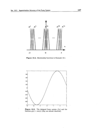 Sec. 10.3. Approximation Accuracy of the Fuzzy System 137
Figure 10.4. Membership functions in Example 10.1.
Figure 10.5. The designed fuzzy system f(x) and the
function g(x) = six(%)(they are almost identical).
 