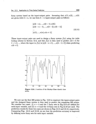 Sec. 12.3. ADDlication to Time Series Prediction 163
fuzzy system based on the input-output pairs. Assuming that x(l),x(2),...,x ( k )
are given with k > n, we can form Ic - n input-output pairs as follows:
[x(k- n),...,x(k - 1);x(k)]
[x(k- n - I ) ,...,x(k - 2);x(k - I)]
... (12.11)
[ x ( l ) ,-..,x(n);x ( n +111
These input-output pairs are used to design a fuzzy system f ( x ) using the table
lookup scheme in Section 12.2, and this f ( x ) is then used to predict x(k +1) for
1 = 1,2,..., where the input to f ( x )is [x(k-n +1), ...,x ( k - 1+l)]when predicting
x(k +1).
Figure 12.8. A section of the Mackey-Glass chaotic time
series.
We now use the first 300 points in Fig. 12.8 to construct the input-output pairs
and the designed fuzzy system is then used to predict the remaining 300 points.
We consider two cases: (i) n = 4 and the 7 fuzzy sets in Fig.12.9 are defined for
each input variable, and (ii) n = 4 and the 15 fuzzy sets in Fig.12.10 are used. The
prediction results for these two cases are shown in Figs.12.11 and 12.12, respectively.
Comparing Figs. 12.11 and 12.12, we see that the prediction accuracy is improved
by defining more fuzzy sets for each input variable.
 