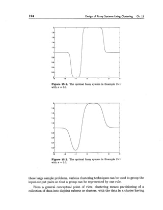 194 Design of Fuzzy Systems Using Clustering Ch. 15
Figure 16.1. The optimal fuzzy system in Example 15.1
with u = 0.1.
Figure 15.2. The optimal fuzzy system in Example 15.1
with u = 0.3.
these large sample problems, various clustering techniques can be used to group the
input-output pairs so that a group can be represented by one rule.
From a general conceptual point of view, clustering means partitioning of a
collection of data into disjoint subsets or clusters, with the data in a cluster having
 