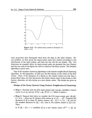 Sec. 15.2. Design of Fuzzy Systems By Clustering 195
Figure 15.3. The optimal fuzzy system in Example 15.1
with a = 0.5.
some properties that distinguish them from the data in the other clusters. For
our problem, we first group the input-output pairs into clusters according to the
distribution of the input points, and then use one rule for one cluster. Fig. 15.4
illustrates an example where six input-output pairs are grouped into two clusters
and the two rules in the figure are used to construct the fuzzy system. The detailed
algorithm is given next.
One of the simplest clustering algorithms is the nearest neighborhood clustering
algorithm. In this algorithm, we first put the first datum as the center of the first
cluster. Then, if the distances of a datum to the cluster centers are less than a
prespecified value, put this datum into the cluster whose center is the closest to this
datum; otherwise, set this datum as a new cluster center. The details are given as
follows.
Design of the Fuzzy System Using Nearest Neighborhood Clustering:
Step 1. Starting with the first input-output pair (xi;yi), establish a cluster
center s: at xi, and set A1(l) = yi, B1(l) = 1. Select a radius r.
Step 2. Suppose that when we consider the k'th input-output pair (xg;yk),
k = 2,3,...,there are M clusters with centers at x:, x:, ..., x p . Compute the
distances of x$ to these M cluster centers, 1x5 - xi1, 1 = 1,2,...,M, and let a
the smallest distances be 1x5 - ~ $ 1 , that is, the nearest cluster to xk is x$.
Then:
a) If Ix,k - x$I > r , establish xi as a new cluster center = x$, set
 