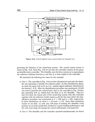 200 Design of Fuzzy Systems Using Clustering Ch. 15
Figure 15.6. Overall adaptive fuzzy control system for Example 15.3.
governing the behavior of the closed-loop system. The overall control system is
shown in Fig. 15.6. From Fig. 15.6 we see that the controller consists of two parts:
an identifier and a controller. The identifier uses the fuzzy system fk to approximate
the unknown nonlinear function g,and this fk is then copied to the controller.
We simulated the following two cases for this example:
Case 1: The controller in Fig. 15.6 was first disconnected and only the identi-
fier was operating to identify the unknown plant. In this identification phase,
we chose the input u(k) to be an i.i.d. random signal uniformly distributed in
the interval [-3,3]. After the identification procedure was terminated, (15.20)
was used to generate the control input; that is, the controller in Fig. 15.6 be-
gan operating with fk copied from the final fk in the identifier. Figs.15.7
and 15.8 show the output y(k) of the closed-loop system with this controller
together with the reference model output y,(k) for the cases where the iden-
tification procedure was terminated at k = 100 and k = 500, respectively.
In these simulations, we chose u = 0.3 and r = 0.3. From these simulation
results we see that: (i) with only 100 steps of training the identifier could
produce an accurate model that resulted in a good tracking performance, and
(ii) with more steps of training the control performance was improved.
Case 2 The identifier and the controller operated simultaneously (as shown
 