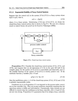 Sec. 17.1. Stable Fuzzy Control of Single-Input-Single-Output Systems 221
17.1.1 Exponential Stability of Fuzzy Control Systems
Suppose that the control u(t) in the system (17.4)-(17.5) is a fuzzy system whose
input is y(t), that is,
u(t) = -f [Y(t)l (17.9)
where f is a fuzzy system. Substituting (17.9) into (17.4)-(17.5),we obtain the
closed-loop fuzzy control system that is shown in Fig.17.1. We now cite a famous
result in control theory (its proof can be found in Vidyasagar [1993]).
process under control
Figure 17.1. Closed-loop fuzzy control system.
f(y
Proposition 17.1. Consider the closed-loop control system (17.4), (17.5), and
(17.9), and suppose that (a) all eigenvalues of A lie in the open left half of the
complex plane, (b) the system (17.4)-(17.5) is controllable and observable, and (c)
the transfer function of the system (17.4)-(17.5) is strictly positive real. If the
nonlinear function f satisfies f (0) = 0 and
c
then the equilibrium point x = 0 of the closed-loop system (17.4), (17.5) and (17.9)
is globally exponentially stable.
fuzzy controller
Conditions (a)-(c) in Proposition 17.1are imposed on the process under control,
not on the controller f (y). They are strong conditions, essentially requiring that the
open-loop system is stable and well-behaved. Conceptually, these systems are not
difficult to control, thus the conditions on the fuzzy controller, f (0) = 0 and (17.lo),
are not very strong. Proposition 17.1 guarantees that if we design a fuzzy controller
 