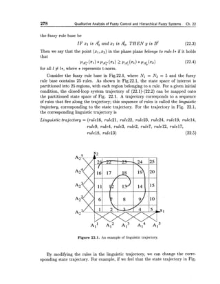 278 Qualitative Analysis of Fuzzy Control and Hierarchical Fuzzy Systems Ch. 22
the fuzzy rule base be
IF XI is A! and x2 is A;, T H E N y is B' (22.3)
Then we say that the point (xl,x2) in the phase plane belongs to rule I* if it holds
that
PAP (XI) *PA? ( ~ 2 )2 PA; (XI)*PA; ( ~ 2 ) (22.4)
for all 1# l*, where * represents t-norm.
Consider the fuzzy rule base in Fig.22.1, where Nl = N2 = 5 and the fuzzy
rule base contains 25 rules. As shown in Fig.22.1, the state space of interest is
partitioned into 25 regions, with each region belonging to a rule. For a given initial
condition, the closed-loop system trajectory of (22.1)-(22.2) can be mapped onto
the partitioned state space of Fig. 22.1. A trajectory corresponds to a sequence
of rules that fire along the trajectory; this sequence of rules is called the linguistic
trajectory, corresponding to the state trajectory. For the trajectory in Fig. 22.1,
the corresponding linguistic trajectory is
Linguistic trajectory = (rulel6, rule21, rule22, rule23, rule24, rulel9, rulel4,
rule9, rule4, ruEe3, rule2, rule7, rulel2, rulel7,
rule18, rulel3) (22.5)
Figure 22.1. An example of linguistic trajectory.
By modifying the rules in the linguistic trajectory, we can change the corre-
sponding state trajectory. For example, if we feel that the state trajectory in Fig.
 