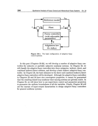 290 Qualitative Analysis of Fuzzy Control and Hierarchical Fuzzy Systems Ch. 22
Ym
Reference model
r Plant
(with adjustable
Figure 23.1. The basic configuration of adaptive fuzzy
control systems.
In this part (Chapters 23-26), we will develop a number of adaptive fuzzy con-
trollers for unknown or partially unknown nonlinear systems. In Chapter 23, we
will classify the adaptive fuzzy controllers into three categories: indirect, direct, and
combined indirect/direct schemes, and develop a basic indirect adaptive fuzzy con-
troller. In Chapter 24, the basic elements in the direct and combined indirect/direct
adaptive fuzzy controllers will be developed. Although the adaptive fuzzy controllers
in Chapters 23 and 24 have nice convergence properties, it cannot be guaranteed
that the resulting closed-loop nonlinear time-varying systems are globally stable. In
Chapter 25, we will show how to use supervisory control and parameter projection
to guarantee the uniform boundedness of all the variables. Finally, Chapter 26 will
use the concept of input-output linearization to design adaptive fuzzy controllers
for general nonlinear systems.
 