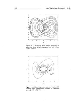 310 Basic Adaptive Fuzzv Controllers II Ch. 24
Figure 24.5. Trajectory of the chaotic system (24.20)
and (24.21) in the (x1,x2)phase plane with u(t)= 0 and
x1(0) = x2(0) = 2.
Figure 24.6. Closed-loop system trajectory (XI(t),xz(t))
using the direct adaptive fuzzy controller for the chaotic
system (24.20) and (24.21).
 