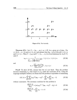 348 The Fuzzy C-Means Algorithm Ch. 27
Figure 27.2. The butterfly.
Theorem 27.1. Let X = { x l ,...,x,), xi E RP, be a given set of data. Fix
c E {2,3,...,n-1)andmE ( l , ~ ) ,andassumethat IIxk--viII #Oforall1 5 k < n
and 1 5 i 5 c. Then U = [uik]and V = (vl,...,v,) is a local minimum for Jm(U,V)
only if
and
Proof: To show (27.20), assume that the vi's are fixed. Then the problem
becomes minimizing Jm with respect to uik under the constraint (27.3).Using the
Lagrange multiplier method, we obtain that the problem is equivalent to minimizing
n c n c
L(U,A) = CC ( ~ i / c ) ~ l l * k- vi1I2- CA.(C~ i l- 1) (27.22)
k=l i=l k=l i=l
without constraints. The necessary condition for this problem is
 