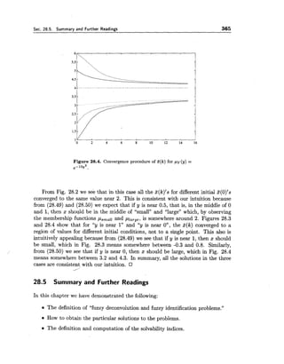 Sec. 28.5. Summarv and Further Readinas 365
Figure 28.4. Convergence procedure of Z ( k ) for py(y) =
e - 1 0 ~ 2 ,
From Fig. 28.2 we see that in this case all the 5(k)'s for different initial ~ ( 0 ) ' s
converged to the same value near 2. This is consistent with our intuition because
from (28.49)and (28.50)we expect that if y is near 0.5, that is, in the middle of 0
and 1,then x should be in the middle of "small" and "large" which, by observing
the membership functions p,,,n and p~ll,,,,, is somewhere around 2. Figures 28.3
and 28.4 show that for "y is near 1" and "y is near O", the 5(k) converged to a
region of values for different initial conditions, not to a single point. This also is
intuitively appealing because from (28.49)we see that if y is near 1,then x should
be small, which in Fig. 28.3 means somewhere between -0.3 and 0.8. Similarly,
from (28.50) we see that if y is near 0, then x should be large, which in Fig. 28.4
means somewhere between 3.2 and 4.3. In summary, all the solutions in the three
cases are consistent with our intuition.
I
28.5 Summary and Further Readings
In this chapter we have demonstrated the following:
The definition of "fuzzy deconvolution and fuzzy identification problems."
How to obtain the particular solutions to the problems.
The definition and computation of the solvability indices.
 