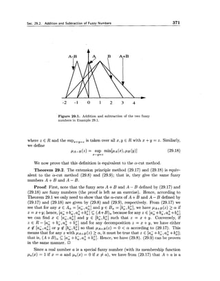 Sec. 29.2. Addition and Subtraction of Fuzzy Numbers 371
Figure 29.1. Addition and subtraction of the two fuzzy
numbers in Example 29.1.
where z E R and the sup,+,,, is taken over all x,y E R with x +y = z. Similarly,
we define
PA-~(2)= SUP m i n [ ~ ~ ( x ) ,PB(Y)] (29.18)
x-,=z
We now prove that this definition is equivalent to the a-cut method.
Theorem 29.2. The extension principle method (29.17) and (29.18) is equiv-
alent to the a-cut method (29.8) and (29.9); that is, they give the same fuzzy
numbers A +B and A - B.
Proof: First, note that the fuzzy sets A +B and A - B defined by (29.17) and
(29.18) are fuzzy numbers (the proof is left as an exercise). Hence, according to
Theorem 29.1 we only need to show that the a-cuts of A +B and A -B defined by
(29.17) and (29.18) are given by (29.8) and (29.9), respectively. From (29.17) we
see that for any x E A, = [a;, a:] and y E B, = [b;, b:], we have PA+B (z) 2 a if
z = x+y; hence, [a; +b;, a: +b:] C_ (A+B), because for any z E [a; +b;, a: +b:]
we can find x E [a;, a:] and y E [b;, b i ] such that z = x +y. Conversely, if
z E R - [a; -tb;, a: +b:] and for any decomposition z = x +y, we have either
x $! [a;,a$] or y $Z [b;, b$] so that PA+B(Z)= 0 < a according to (29.17). This
means that for any z with PA+B(Z)2 a,it must be true that z E [a; +b;, a; +b:];
that is, (A +B), 5 [a, +b;, a2 +b:]. Hence, we have (29.8). (29.9) can be proven
in the same manner.
Since a real number a is a special fuzzy number (with its membership function
~ a ( x )= 1if x = a and p,(x) = 0 if z # a), we have from (29.17) that A +a is a
 