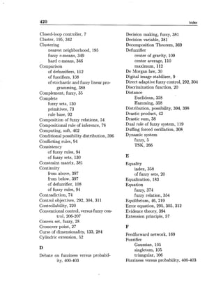 Index
Closed-loop controller, 7
Cluster, 195, 342
Clustering
nearest neighborhood, 195
fuzzy c-means, 349
hard c-means, 346
Comparison
of defuzzifiers, 112
of fuzzifiers, 108
of stochasticand fuzzy linear pro-
gramming, 388
Complement, fuzzy, 35
Complete
fuzzy sets, 130
primitives, 73
rule base, 92
Composition of fuzzy relations, 54
Compositional rule of inference, 78
Computing, soft, 402
Conditional possibility distribution, 396
Conflicting rules, 94
Consistency
of fuzzy rules, 94
of fuzzy sets, 130
Constraint matrix, 381
Continuity
from above, 397
from below, 397
of defuzzifier, 108
of fuzzy rules, 94
Contradiction, 74
Control objectives, 292, 304, 311
Controllability, 220
Conventional control, versus fuzzy con-
trol, 206-207
Convex set, fuzzy, 28
Crossover point, 27
Curse of dimensionality, 133, 284
Cylindric extension, 52
Debate on fuzziness versus probabil-
ity, 400-403
Decision making, fuzzy, 381
Decision variable, 381
Decomposition Theorem, 369
Defuzzifier
center of gravity, 109
center average, 110
maximum, 112
De Morgan law, 30
Digital image stabilizer, 9
Direct adaptive fuzzy control, 292,304
Discrimination function, 20
Distance
Euclidean, 358
Hamming, 358
Distribution, possibility, 394, 398
Drastic product, 42
Drastic sum, 38
Dual role of fuzzy system, 119
Duffing forced oscillation, 308
Dynamic system
fuzzy, 5
TSK, 266
Equality
index, 358
of fuzzy sets, 20
Equalization, 183
Equation
fuzzy, 374
fuzzy relation, 354
Equilibrium, 46, 219
Error equation, 295, 305, 312
Evidence theory, 394
Extension principle, 57
Feedforward network, 169
Fuzzifier
Gaussian, 105
singletom, 105
triangular, 106
fizziness versus probability, 400-403
 