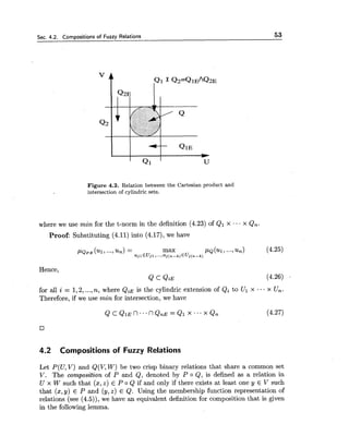 Sec. 4.2. Compositions of Fuzzy Relations 53
Figure 4.2. Relation between the Cartesian product and
intersection of cylindric sets.
where we use min for the t-norm in the definition (4.23) of Q1 x ... x Q,.
Proof:Substituting (4.11) into (4.17), we have
P Q ~ E( ~ 1 ,...,~ n )= max PQ( ~ 1 ,...,an) (4.25)
~ j l € U j ~ , . . . , U j ( ~ - k ) E U ~ ( ~ - k )
Hence,
Q c QIE
for all i = 1,2,...,n, where QiE is the cylindric extension of Qi to Ul x ... x U,.
Therefore, if we use min for intersection, we have
4.2 Compositions of Fuzzy Relations
Let P(U, V) and Q(V, W) be two crisp binary relations that share a common set
V. The composition of P and Q, denoted by P o Q, is defined as a relation in
U x W such that (x,z) E P o Q if and only if there exists at least one y E V such
that (x,y) E P and (y,z) E Q. Using the membership function representation of
relations (see (4.5)), we have an equivalent definition for composition that is given
in the following lemma.
 