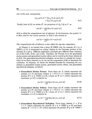 80 Fuzzy Logic and Approximate Reasoning Ch. 6
(see (4.18)) and, consequently,
Finally, from (4.12) we obtain B', the projection of Ab n Q on V, as
(6.8) is called the compositional rule of inference. In the literature, the symbol "*"
is often used for the t-norm operator, so (6.8) is also written as
The compositional rule of inference is also called the sup-star composition.
In Chapter 5, we learned that a fuzzy IF-THEN rule, for example, IF x is A
THEN y is B, is interpreted as a fuzzy relation in the Cartesian product of the
domains of x and y. Different implication principles give different fuzzy relations;
see (5.23)-(5.26), (5.31), and (5.32). Therefore, the Premise 2s in the generalized
modus ponens and generalized modus tollens can be viewed as the fuzzy relation Q
in (6.9). For generalized hypothetical syllogism,we see that it is simply the compo-
sition of two fuzzy relations, so we can use the composition (4.28) to determine the
conclusion. In summary, we obtain the detailed formulas for computing the con-
clusions in generalized modus ponens, generalized modus tollens, and generalized
hypothetical syllogism, as follows:
a Generalized Modus Ponens: Given fuzzy set A' (which represents the
premise x is A') and fuzzy relation A -+ B in U x V (which represents the
premise IF x is A THEN y is B), a fuzzy set B' in V (which represents the
conclusion y is B') is inferred as
a Generalized Modus Tollens: Given fuzzy set B' (which represents the
premise y is B') and fuzzy relation A -+ B in U x V (which represents the
premise IF x is A THEN y is B), a fuzzy set A' in U (which represents the
conclusion x is A') is inferred as
a Generalized Hypothetical Syllogism: Given fuzzy relation A -+ B in
U x V (which represents the premise IF x is A THEN y is B) and fuzzy
relation B' -+ C in V x W (which represents the premise IF y is B' THEN z
 