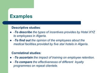 Examples
Descriptive studies:
 -To describe the types of incentives provides by Hotel XYZ
to employees in Algeria.
 -To find out the opinion of the employees about the
medical facilities provided by five star hotels in Algeria.
Correlatinal studies:
 -To ascertain the impact of training on employee retention.
 -To compare the effectivenesss of different loyalty
programmes on repeat clientele.
 