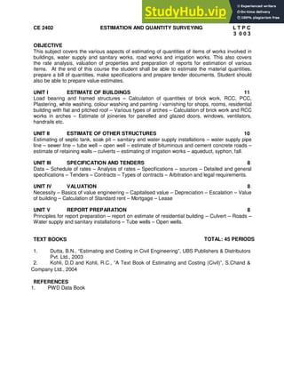 A Course Material On Estimation And Quantity Surveying | PDF