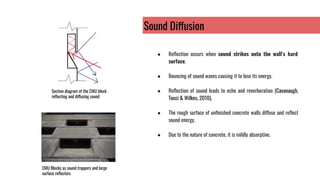 Sound Diffusion
● Reﬂection occurs when sound strikes onto the wall’s hard
surface.
● Bouncing of sound waves causing it to lose its energy.
● Reﬂection of sound leads to echo and reverberation (Cavanaugh,
Tocci & Wilkes, 2010).
● The rough surface of unﬁnished concrete walls diffuse and reﬂect
sound energy.
● Due to the nature of concrete, it is mildly absorptive.
Section diagram of the CMU block
reﬂecting and diffusing sound
CMU Blocks as sound trappers and large
surface reﬂectors
 