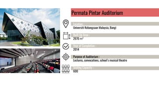 Permata Pintar Auditorium
Location :
Universiti Kebangsaan Malaysia, Bangi
Built Up Area :
2670 m2
Year of Completion :
2014
Purpose of Auditorium :
Lectures, convocations, school’s musical theatre
Seating Capacity :
600
 