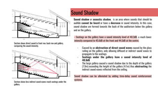 Sound Shadow
- Seatings on the gallery have a sound intensity level of 40.3dB, a much lower
intensity compared to 45.6dB at the front and 44.5dB at the centre.
- Caused by an obstruction of direct sound waves caused by the glass
railing on the gallery, only allowing diffused or indirect sound waves to
propagate to the seatings.
- Seatings under the gallery have a sound intensity level of
40.8dB
- The large gallery caused a sound shadow due to the depth of the gallery
(7.9m) exceeding the height of the gallery (4.1m) thus obstructing the
indirect sound waves reﬂected from the ceiling.
Sound shadow can be alleviated by adding time-delay sound reinforcement
systems.
Section shows direct sound to front row, back row and gallery,
comparing the sound intensity.
Section shows less indirect sound waves reach seatings under the
gallery.
Sound shadow or acoustic shadow, is an area where sounds that should be
audible cannot be heard or have a decrease in sound intensity. In this case,
sound shadow are formed towards the back of the auditorium below the gallery
and on the gallery.
 