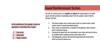 Sound Reinforcement System
The role of a sound system is to amplify and adjust the sound quality of an audio
signal, and then provide corresponding output from the speaker system that the
listeners will hear.
1. The process begins with a sound source (such as a human voice), which
creates waves of sound (acoustical energy).
2. These waves are detected by a transducer (microphone), which converts
them to electrical energy.
3. The electrical signal from the microphone is very weak, and must be fed to
an ampliﬁer before anything serious can be done with it.
4. The loudspeaker converts the electrical signal back into sound waves,
which are heard by human ears.
In the auditorium, the speaker system in
operation is classiﬁed into 3 types:
1. Line array
2. Subwoofer
3. Stage monitor.
 