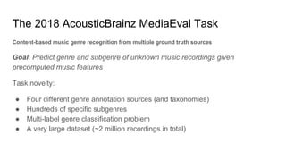 MediaEval 2018: AcousticBrainz Genre Task: Content-based Music Genre Recognition from Multiple Sources
